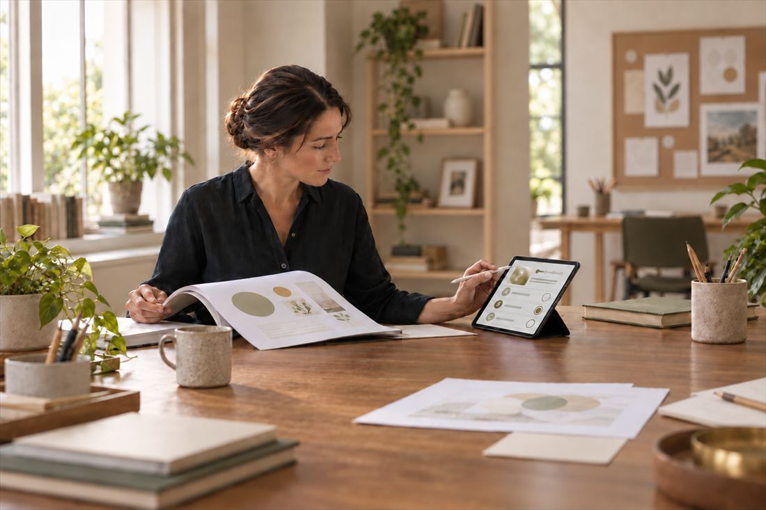 A woman at a desk, a printed catalogue open in front of her, going through a draft on a tablet.